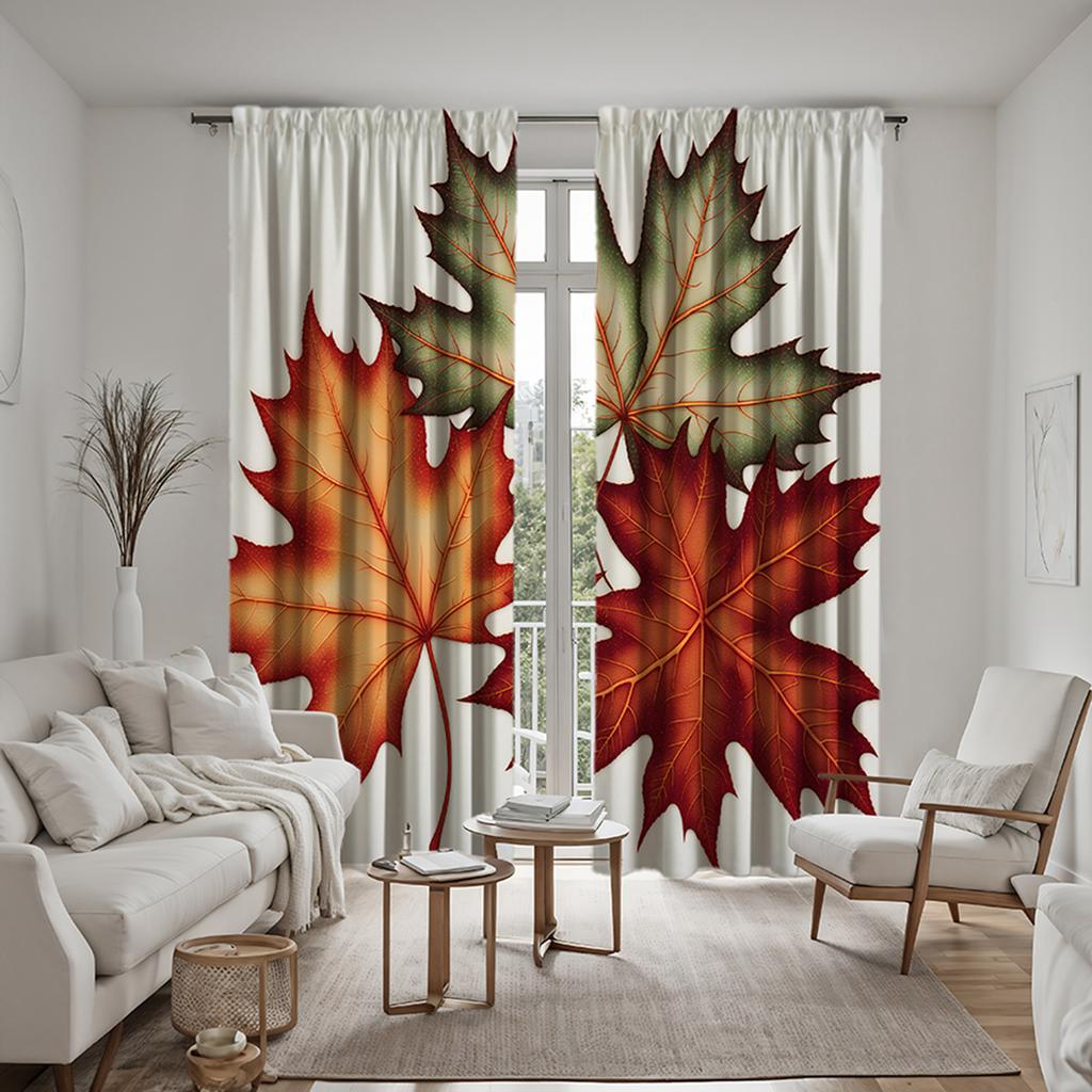 2 Pieces of HD Autumn Multicolor Maple Leaf Decorative Curtain Yellow Tie Digital Printed Curtain Home Decoration Style Decorati