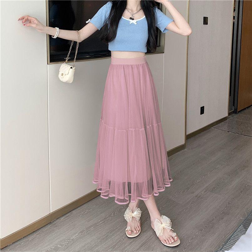 Mesh Midi Skirt for Women In Spring and Summer High Waist Slimming Effect Medium To Long Style Pleated Skirt Loose and Stylish Gauze Skirt