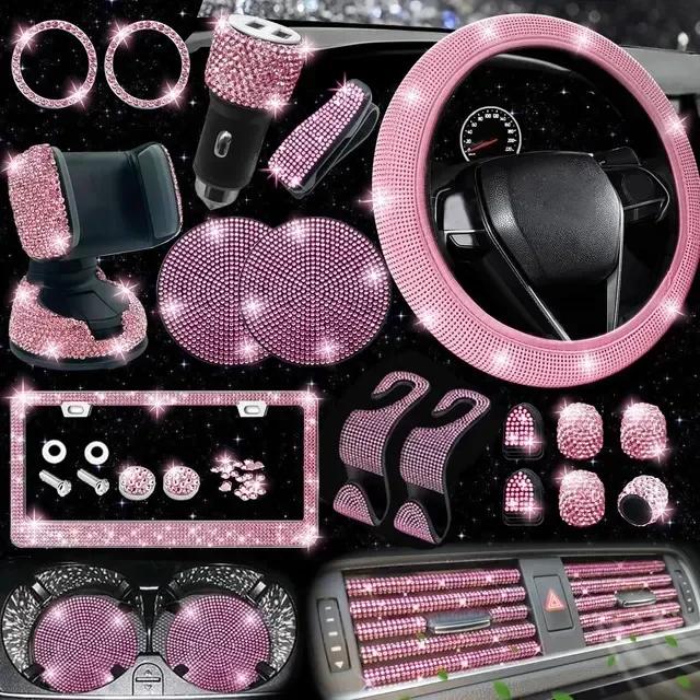 Car Accessories Set 27/4Piece Women Bling Universal Fit Polyester Steering Cover Shiny License Frame Phone Holder Coasters Tools