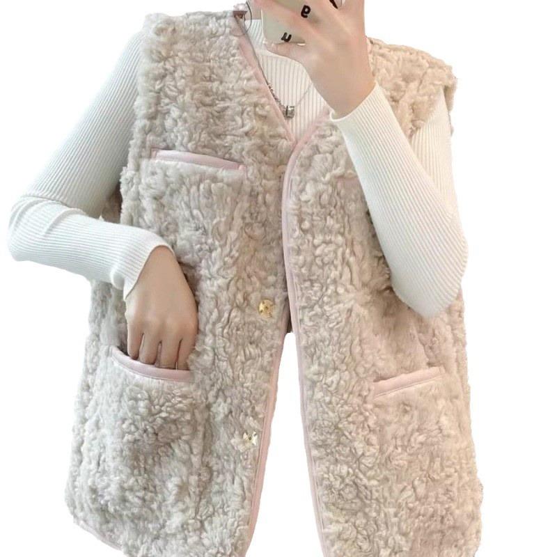 Lamb Wool Vest Jacket Women's Autumn and Winter New Leather Plush Integrated Outer Vest Vest Women's Trend