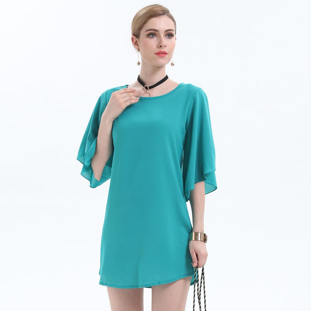 Women Elegant Solid Ruffle Chiffon T-shirt Loose Short Sleeve Summer Long Top