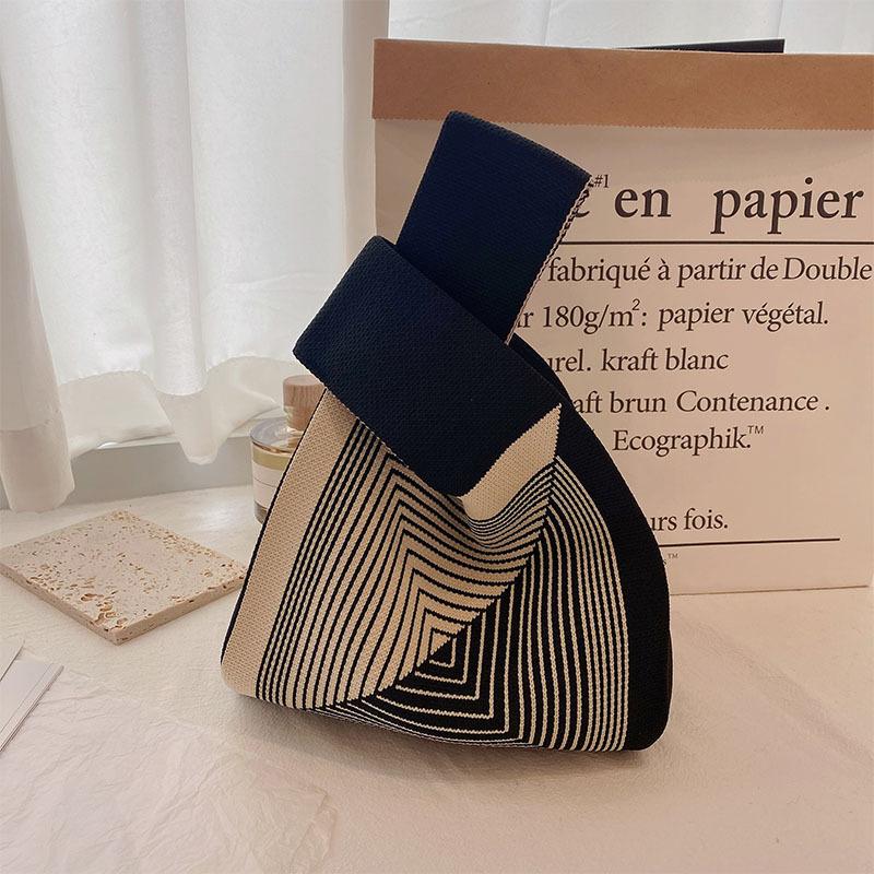 Handmade Knit Handbag Women Mini Knot Wrist Bag Fashion Casual Color Wide Stripe Plaid Tote Bag