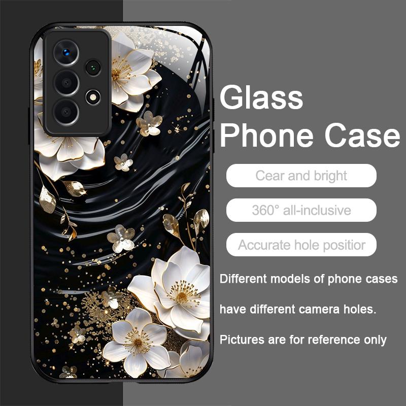 Vintage Floral Stylish Lotus Flower Pattern Tempered Glass Phone Case for Samsung Galaxy A56 A55 A54 A53 A52 A36 A14 A15 Covers