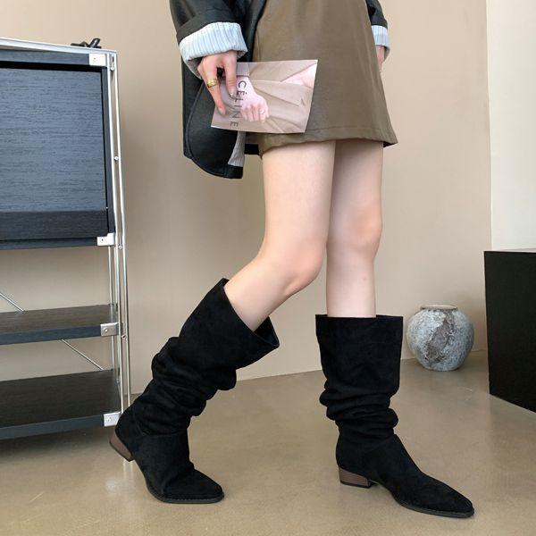 Rynkiga Stövlar Högklackade Stövlar Damklack Ridderskor Western Cowboystövlar Mellanhöga Stövlar