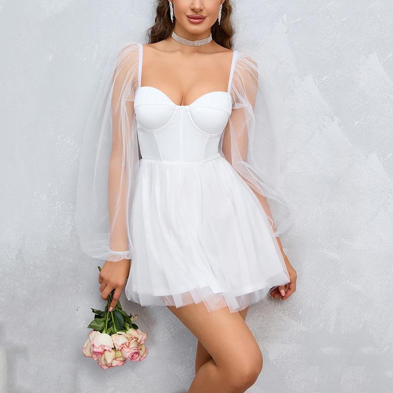 Mesh dress, popular in summer, sexy square neck backless perspective princess dress