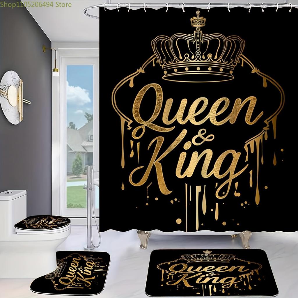 1/4 Stück Goldene Krone Druck Duschvorhang Set, Dekorative Badezimmergarnitur Enthält Duschvorhang, Rutschfeste Bodenmatte, Toilettensitz