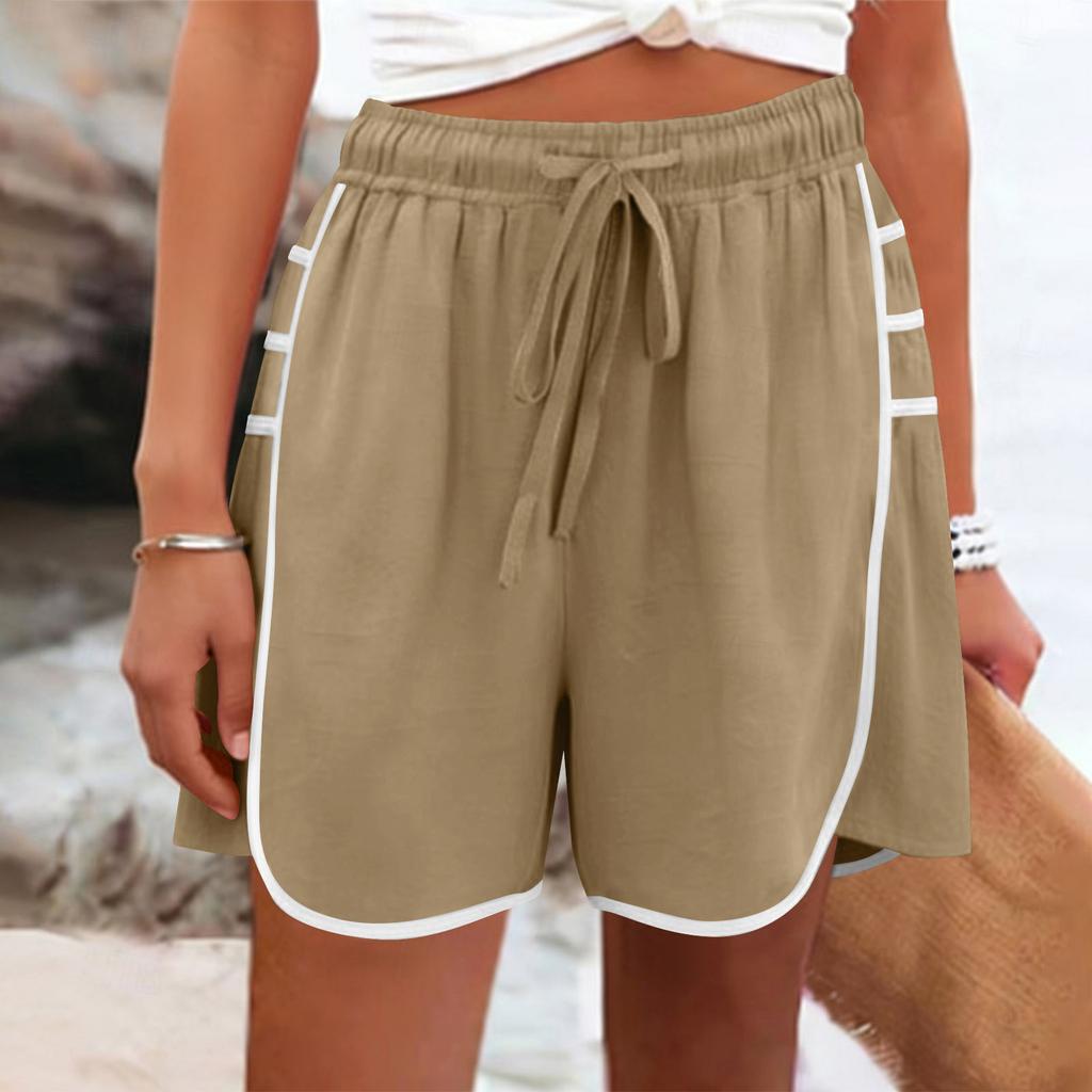 Women's Color Casual And Fashionable Drawstring Pocket Cotton And Linen Shorts