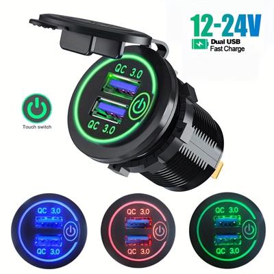 Chargeur de voiture double USB QC3.0, charge rapide 4 fois, étanche IP66, avec interrupteur tactile LED et cache anti-poussière, pour voiture, bateau, moto, 12 V-24 V