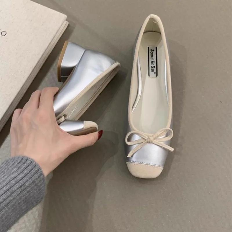 Fashion Women's Single Shoes Spring New Square Head Splicing Butterfly Knot Soft Sole Anti-slip Wear-resistant Low-top Shoes