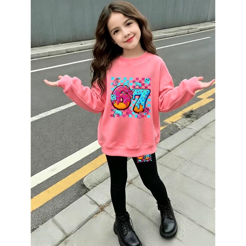 Girls' Donut Cartoon Casual Comfortable Soft Loose Pullover Sweatshirt and Leggings 2-Piece Set, New Autumn/Winter, Playful, Sweet and Cool Style
