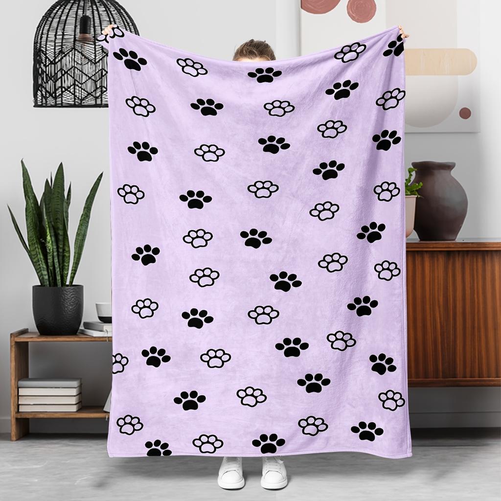 1pc black and white dog paw print blanket polyester fabric machine washable suitable for bedroom living room decoration