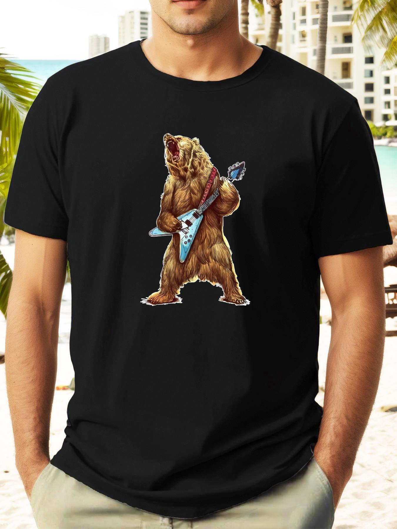 T-shirt with Guitar Bear Graphic - Vibrant Yellow Summer Tee S