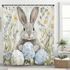 Cute Bunny Shower Curtain, Floral Colorful Eggs Wooden Plank Bowknot Bathroom Decorative Curtain, Waterproof Shower Curtain