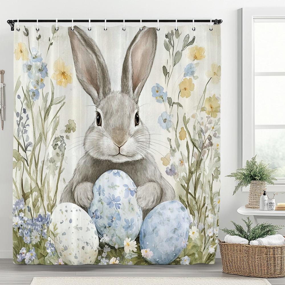 

Cute Bunny Shower Curtain, Floral Colorful Eggs Wooden Plank Bowknot Bathroom Decorative Curtain, Waterproof Shower Curtain W60H190(CM)-1 Pcs