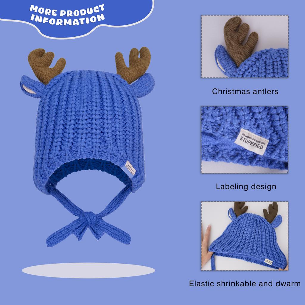 Ready to Ship Christmas 3D Embroidered Cute Deer Beanies Soft Slouchy Winter Knit Hat Warm Cap Kids