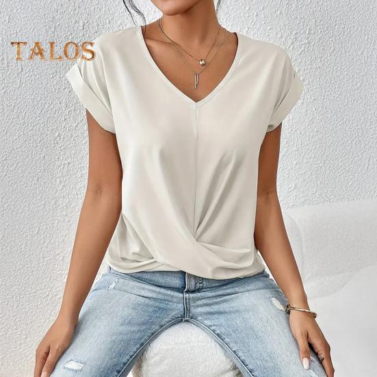 Dámské topy s výstřihem do V, s krátkým rukávem, s mačkaným designem, tričko jednobarevné, volného střihu, s křížovým plisováním, pro každodenní nošení