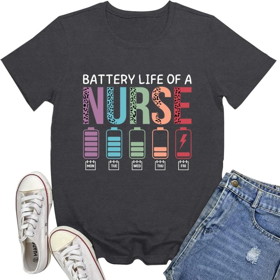 Nurse Shirts for Women Battery Life of a Nurse T-Shirt Funny Nursing Life Tee Tops XXXXXL разноцветный