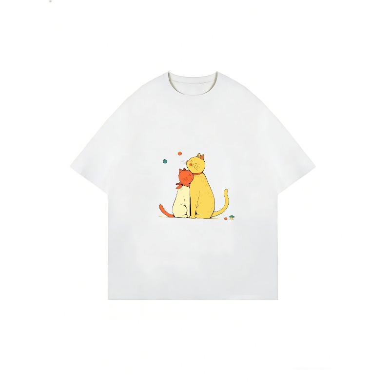 Niedliches Katzenpaar Bedrucktes T-Shirt Weiß Cartoon Katzen Design Für Freizeitkleidung Und Alltagsoutfits