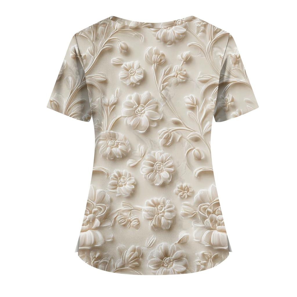 Uniforme de lucru cu imprimeu de mărime mare Topuri pentru femei, cu decolteu în V, cu mânecă scurtă, tricouri distractive, tricou cu buzunare