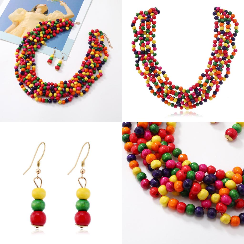 Africaninspired Wooden Bead Necklace And Earrings With Tassel For Summer Outings