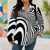 Women Plus Size Collared Neck Long Sleeve Black White Printed Button Front Curved Hem Shirt