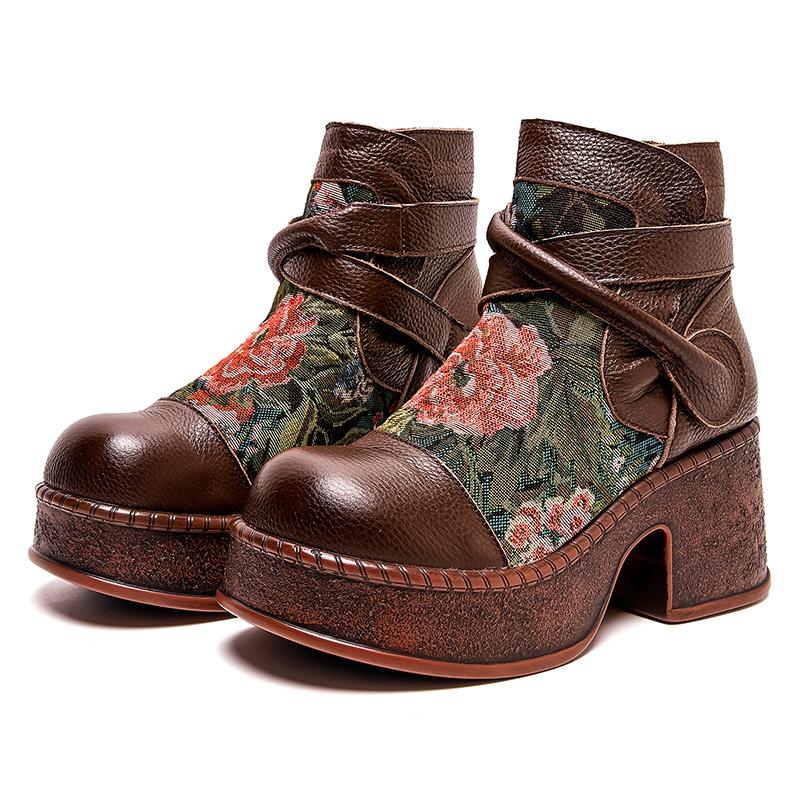 

Fashion GKTINOO Women Motorcycle Boots Genuine Leather 2025 New Zip Round Toe Women Shoes Flowers Handmade Retro Ankle Platform Boots 35