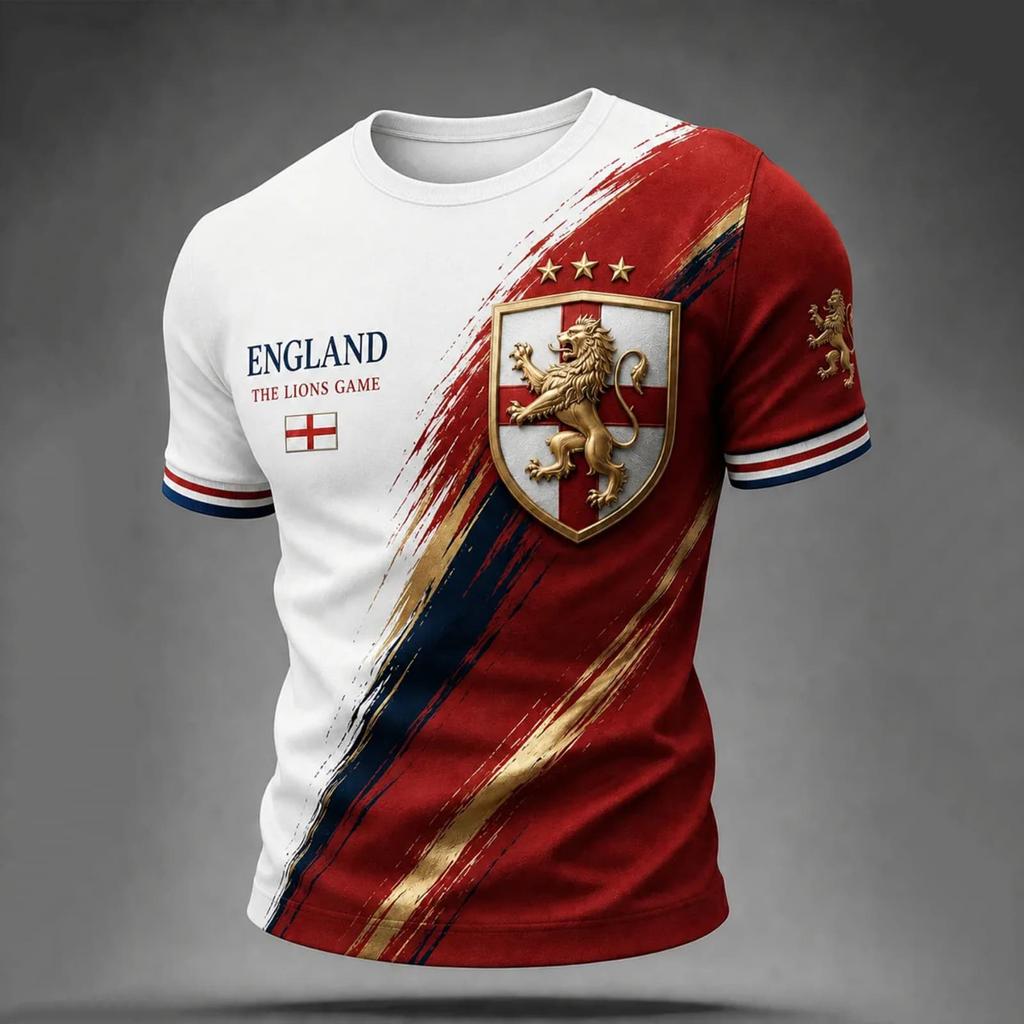 Men's England Football Printed Jersey Short Sleeve Crew Neck Athletic Soccer Shirt Lightweight Breathable Sportswear for Training and Casual Wear