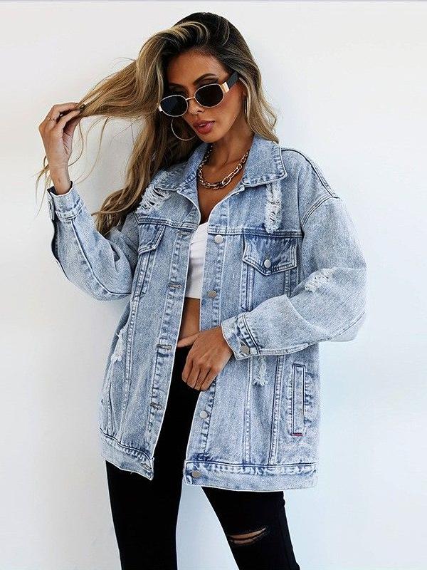 European High-End Women's Trendy Ripped Denim Jacket: Harajuku Style