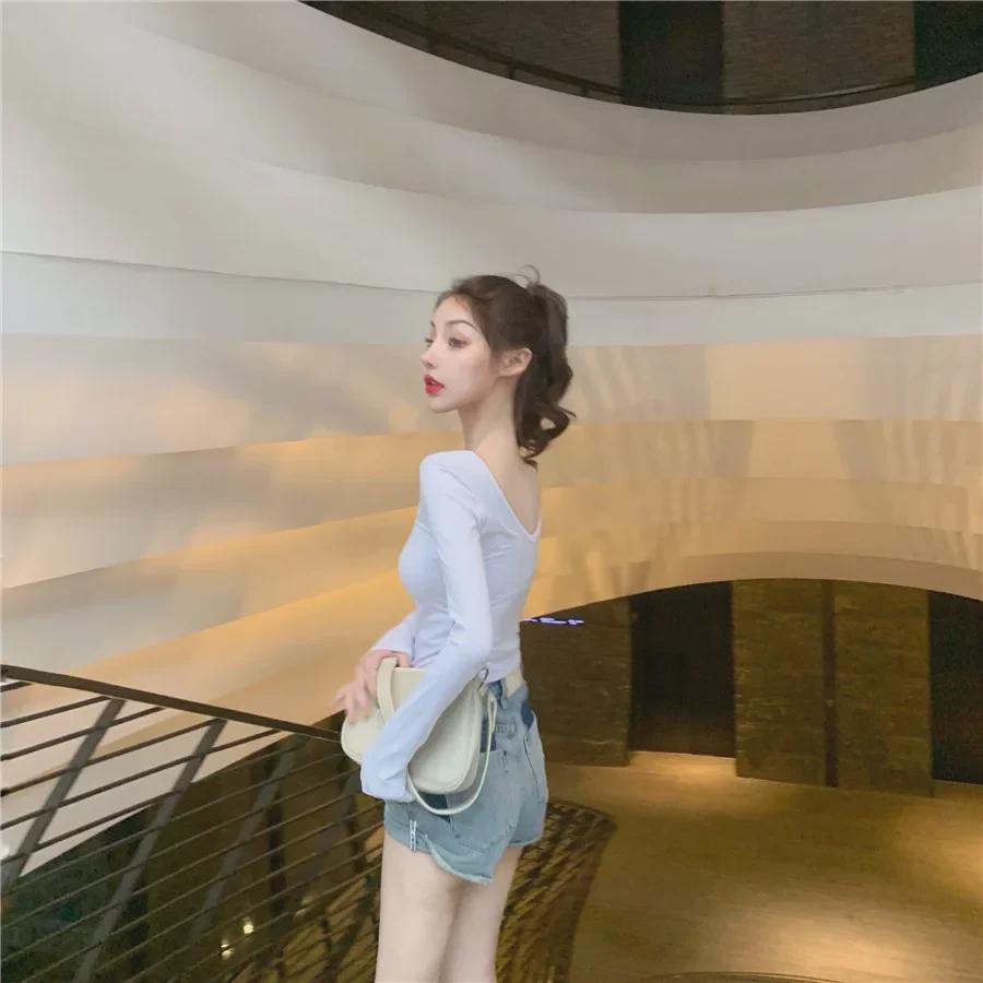 Fall 2023 Sexy Backless Long-Sleeve Women's U-Neck Solid Color Top
