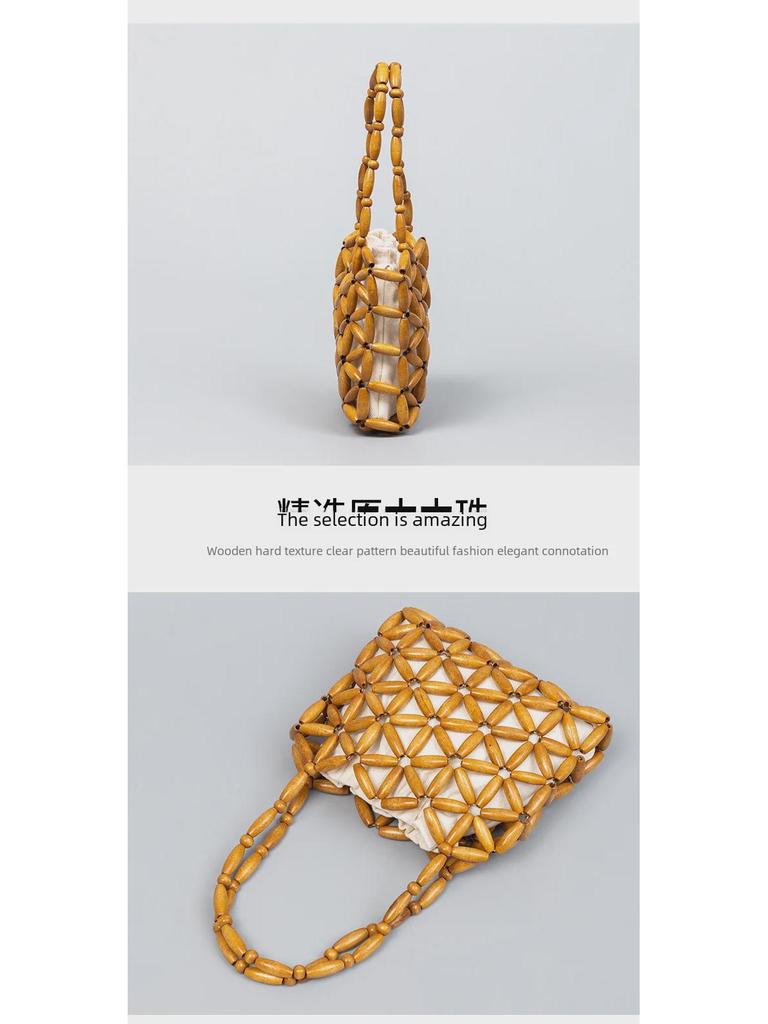 ENSPT Hand-Woven Wooden Beads Women's Summer Handbag - Trendy Niche Design for Commuters