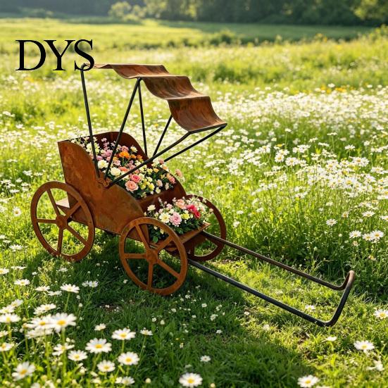 Weatherproof Garden Decor Rustic Rickshaw Ornament, Decorative Metal Yard Sculpture, Fun Decorations Retro Outdoor Decoration for Lawn Patio Backyard