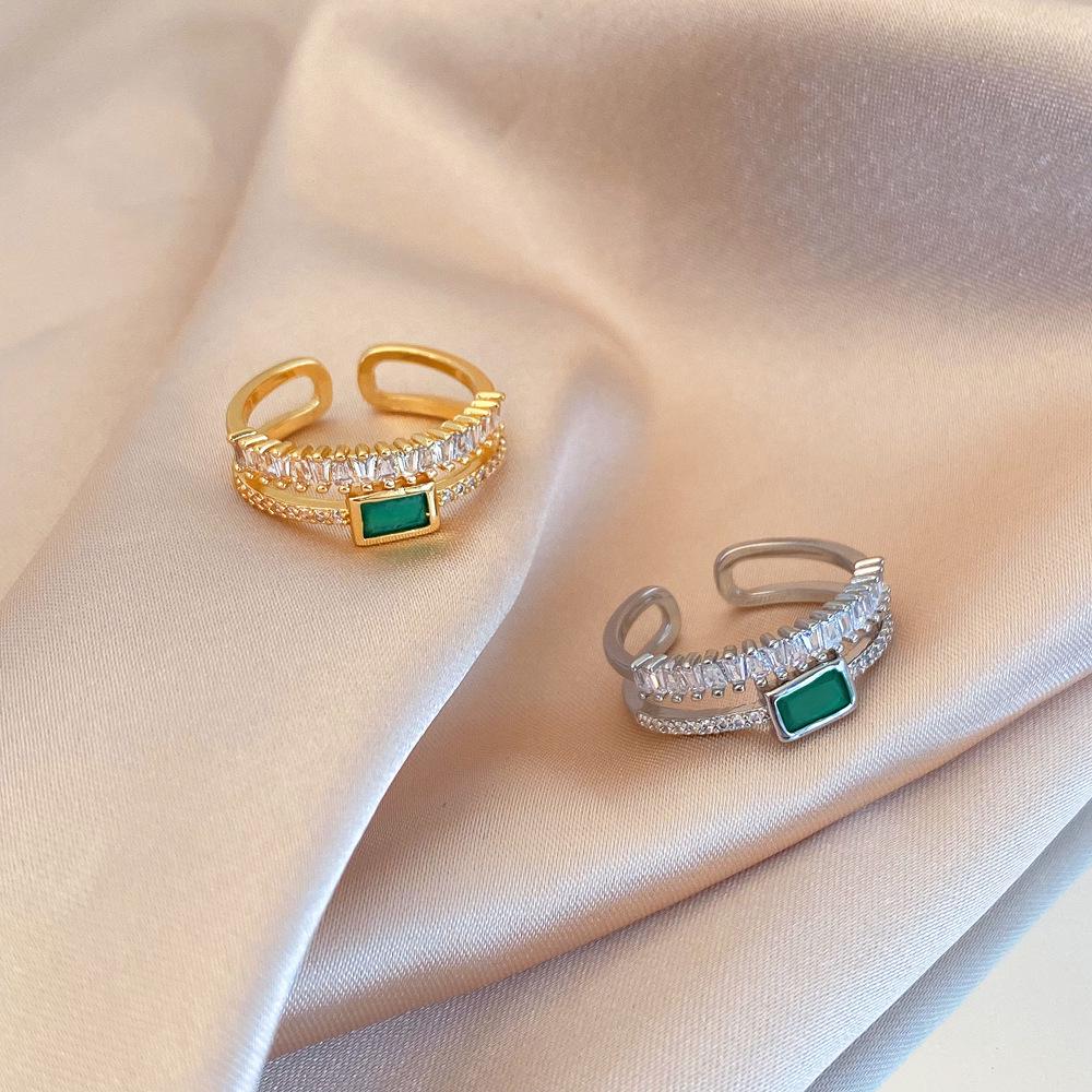 

Peacock Green Double Layer Diamond Open Ring for Women in Gold-Plated Copper