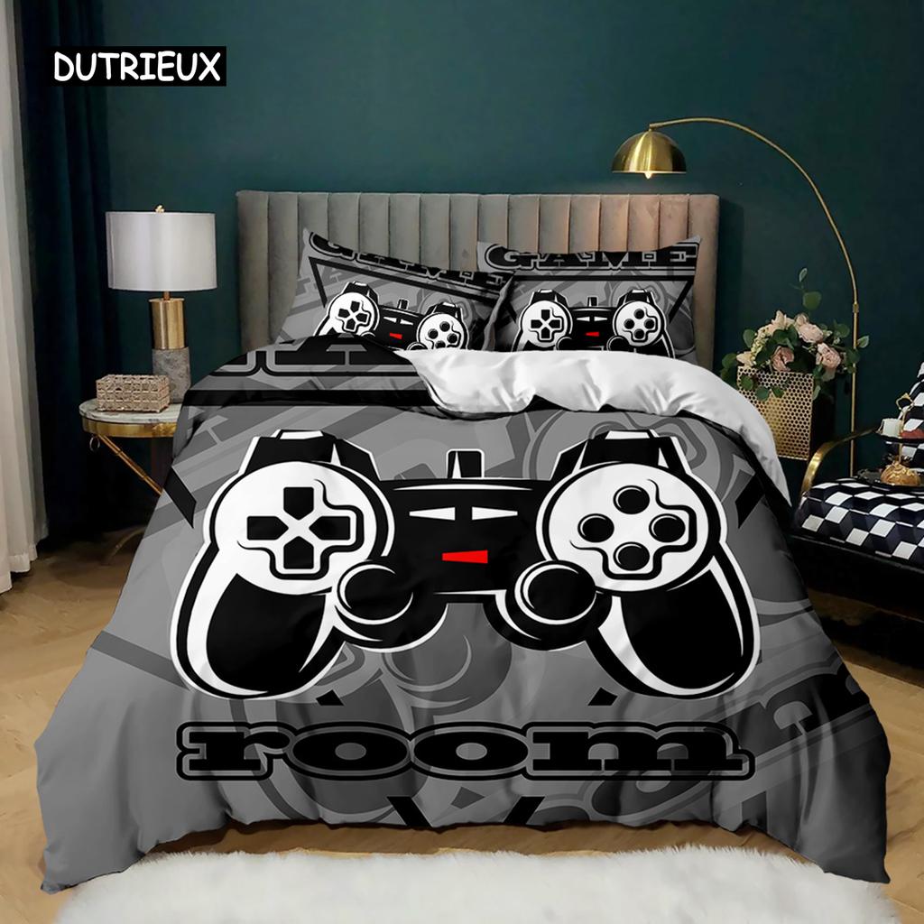 Zestaw poszwy na kołdrę do gry Nowoczesny Czarny Gamer Kontroler do gier wideo Zestaw pościeli Konsola Przycisk akcji Queen King Poliester Poszwa na kołdrę