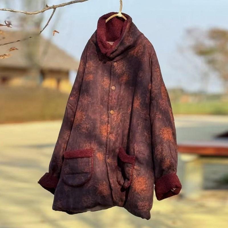 Johnature Women Vintage Print Floral Button Winter Coats Pockets Warm Chinese Style Coats