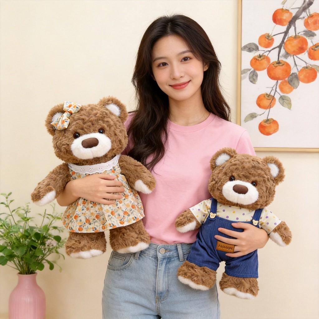 Plush Teddy Bear Figurine With Floral Overalls For Kids And Collectors