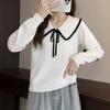 Navava Women Long Sleeve Knit Tee With Color Ribbon Collar Nk3236