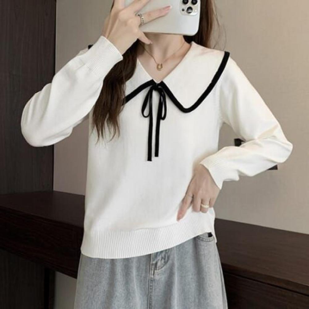 Navava Women Long Sleeve Knit Tee With Color Ribbon Collar Nk3236