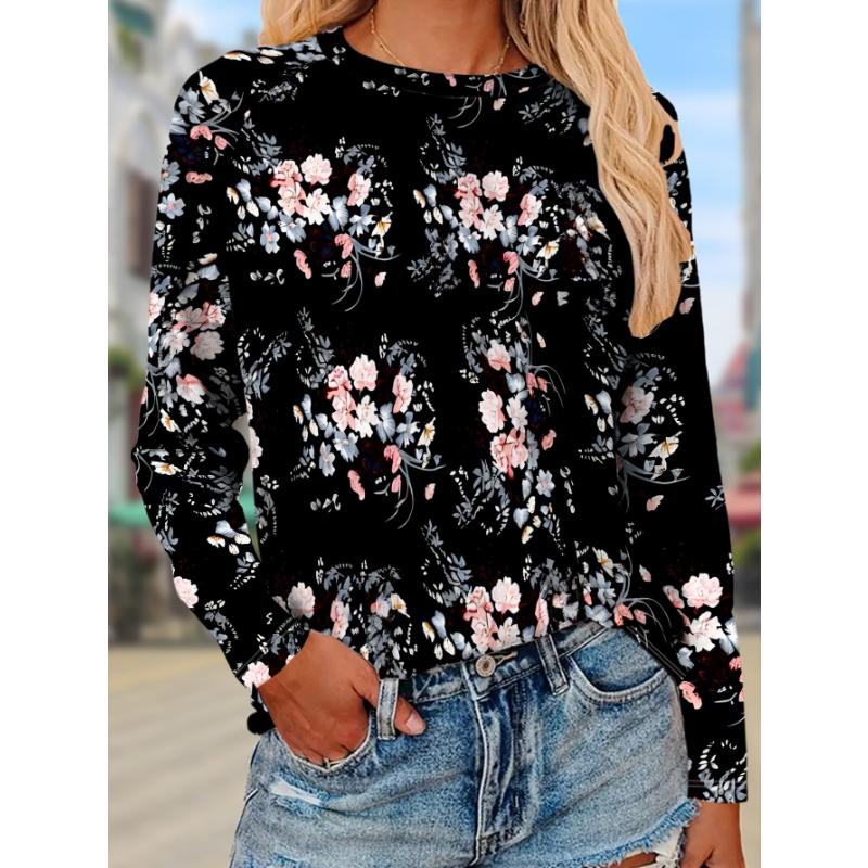 Fashion Women's Crew Neck Long Sleeve 3D Casual Color Printing Casual Long Sleeve Crew Neck T-Shirt