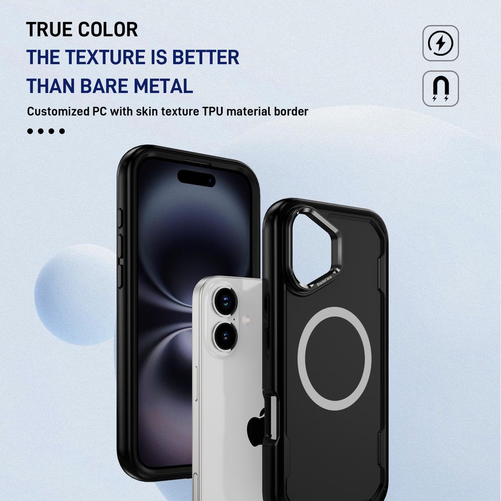 For iPhone 16 Case Compatible with MagSafe Lens Frame Kickstand TPU + PC Shockproof Phone Cover