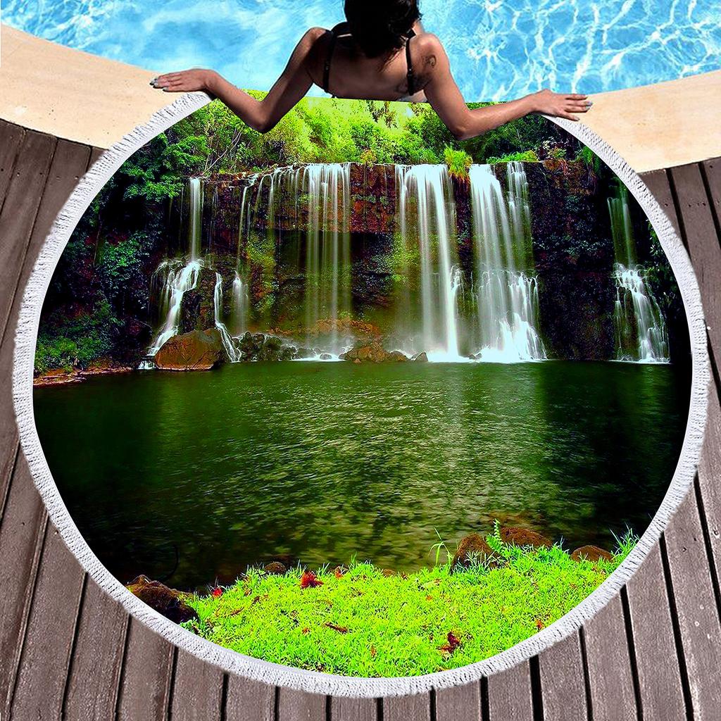 Natural Scenery Waterfall Round Beach Towel, Microfiber Circle Beach Blanket, Sand Free Quick Dry Pool Towel Portable Picnic Mat