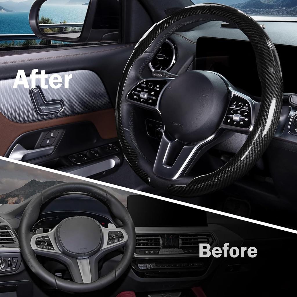 Car Steering Wheel Cover Carbon Fiber Snap On Steering Wheel Accessories Wrap 14.5-15 Inch Universal Grip Anti-Skid Protector, Glossy Black