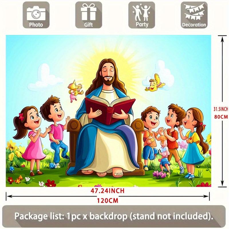 1 Jesus Teaching Children Religious Party Banner - Polyester Fabric Wall Decoration, Party Background | Bright Wall Banner