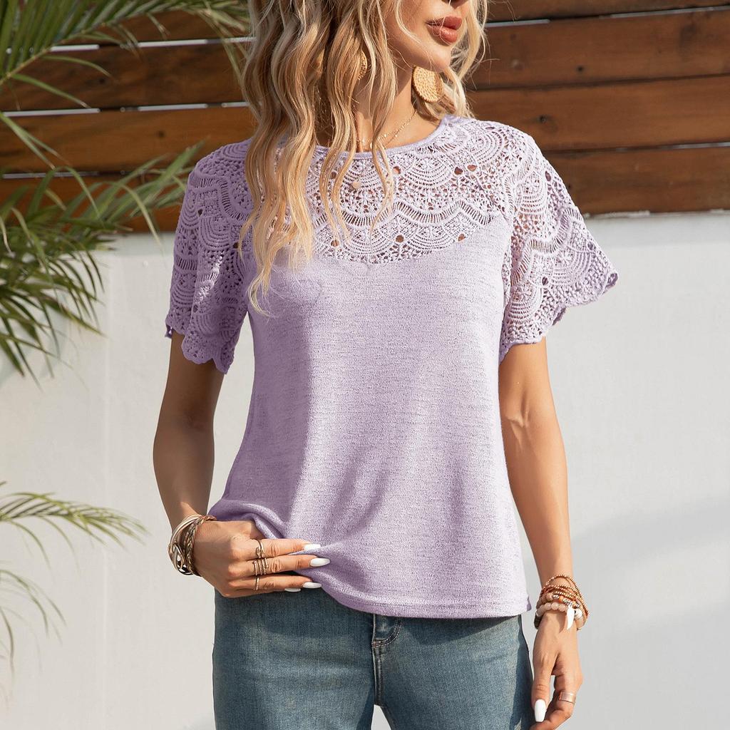 Sommer Damen T-Shirt Mode Rundhals Spitze Kurzarm Top