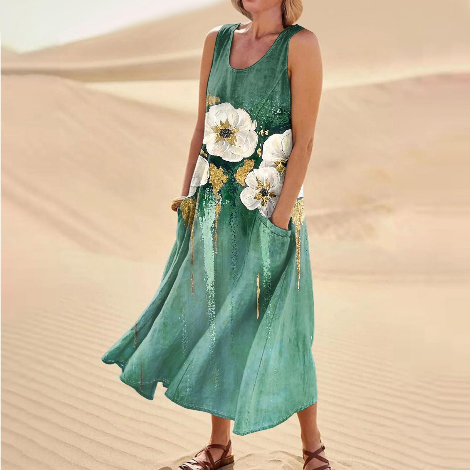 

Жіноча літня повсякденна модна сукня без рукавів і кишень з круглим вирізом у ретро-принті XL зелений