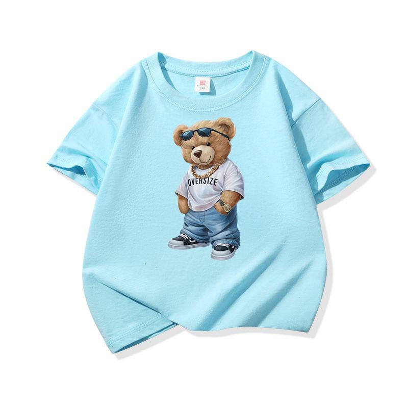Hip Hop Style Bear With Sunglasses Graphic Tee Kids Pure Cotton Crew Neck T Shirt Short Sleeve Muticolor Tops Boys Girls Child