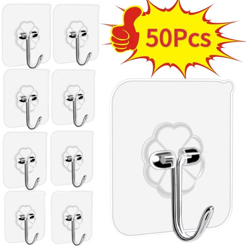 50pcs Transparent Stainless Steel Self-Adhesive Hooks Bathroom Towel Clothes Storage Sticker Hook Key Hangers Storage Holder