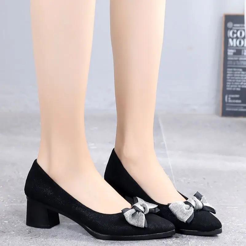 Chunky Heels Office Shoes for Women Block Heel On Heeled Pointed Toe Woman Pumps High with Bow Quality Young Fashion Non Slip 39