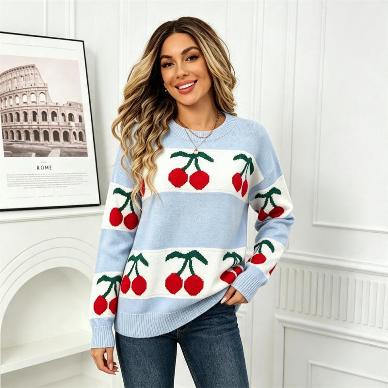 Autumn/Winter 2026 Cherry Jacquard Festive Knit Sweater - European Style Women's Pullover