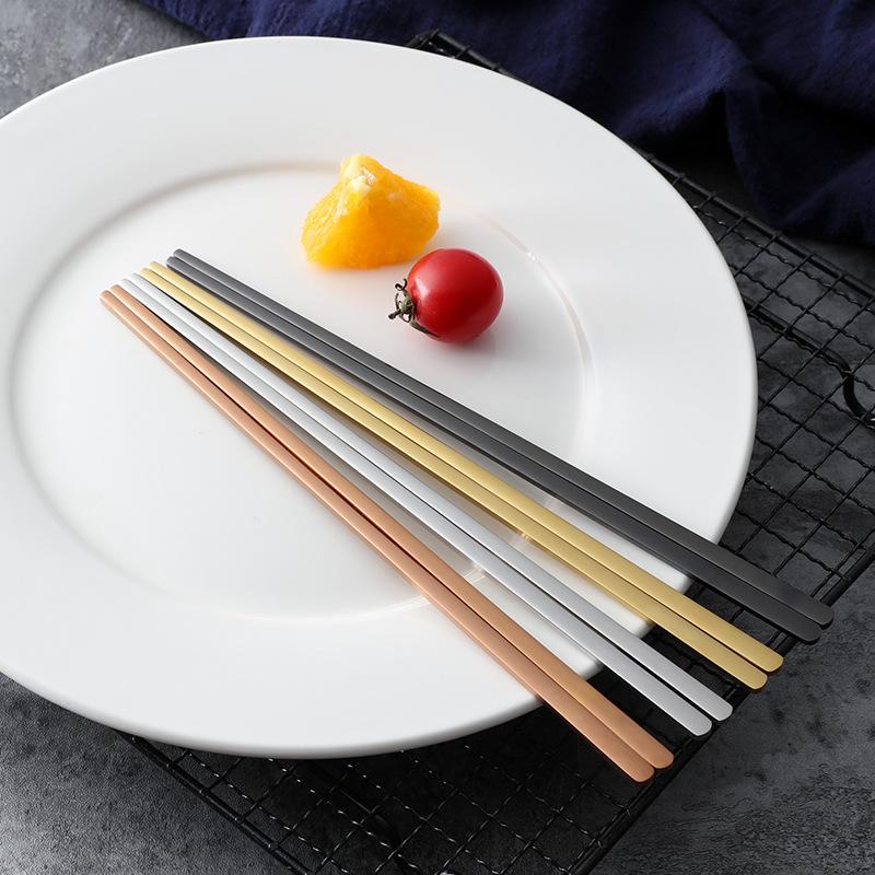 1 para koreańskich solidnych płaskich pałeczek ze stali nierdzewnej tytanowe złoto japońskie pałeczki do sushi chińskie pałeczki kuchenne naczynia stołowe narzędzia