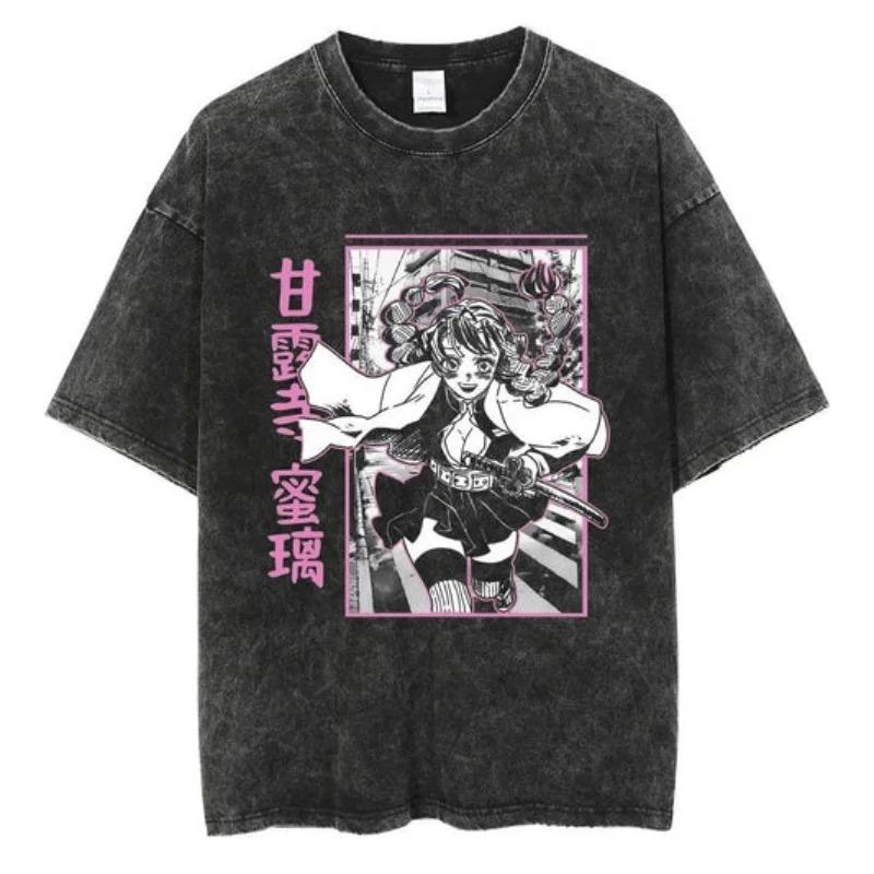 2026 Anime Demon Slayer Retro Washed T-shirt Men's and Women's New Summer Clothing Breathable Fashion Top Streetwear Peripheral Tee